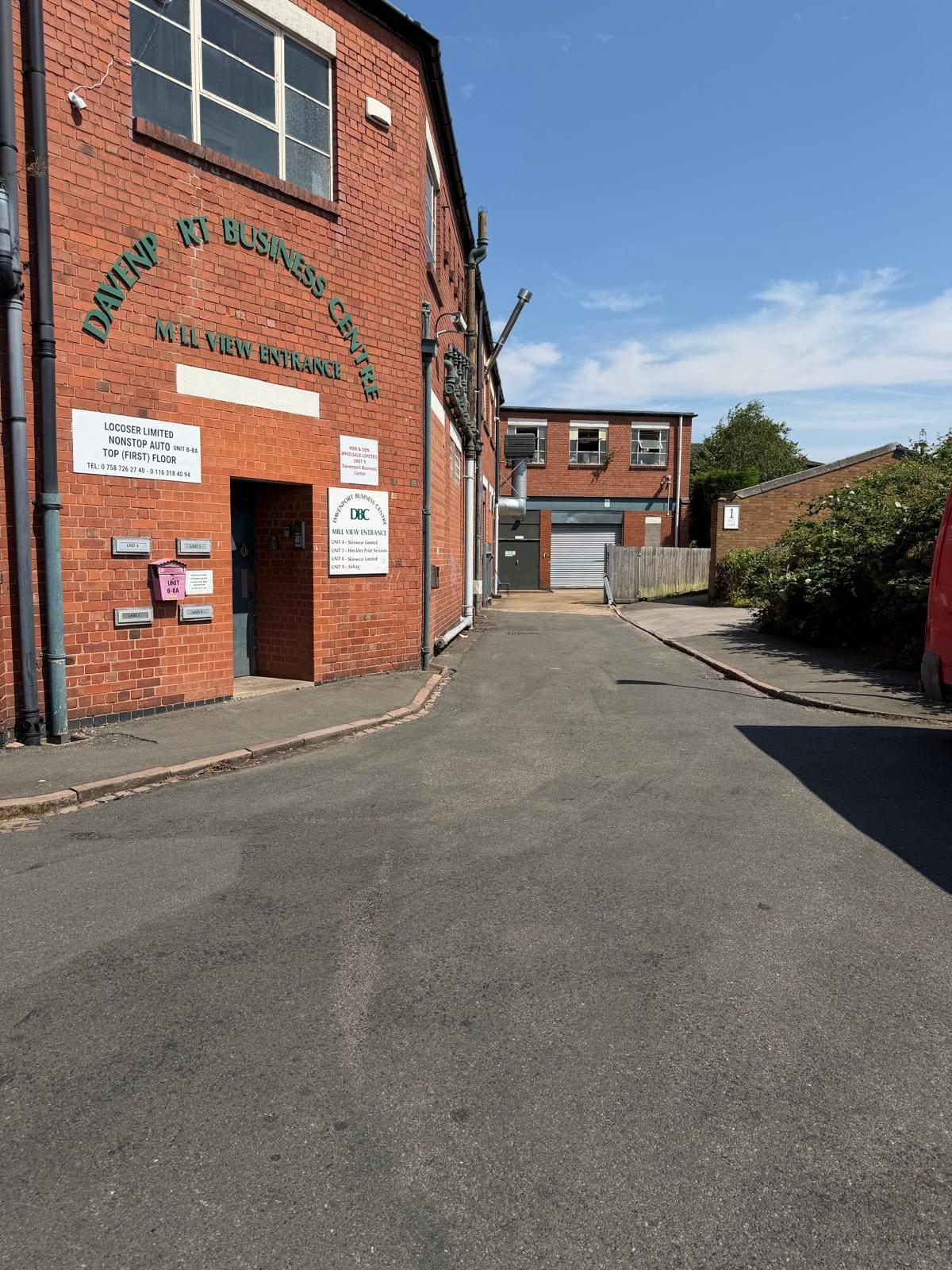 External view of the Davenport Business Centre and its yard access in Hinckley, Leicestershire.